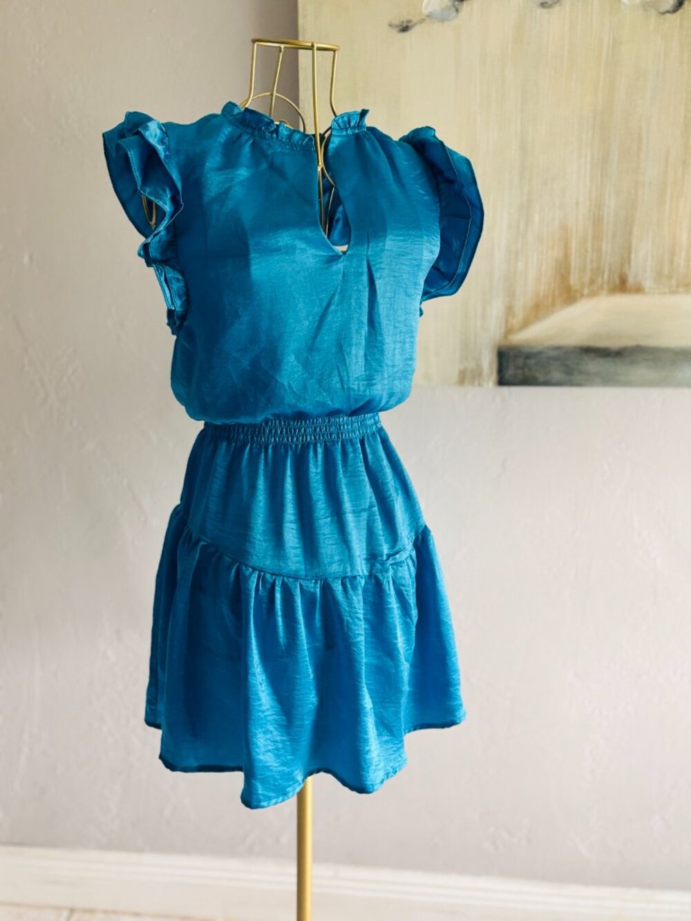 💙 NWT Steve Madden Blue Ruffle Sleeve Mini Dress - Picture 5 of 9